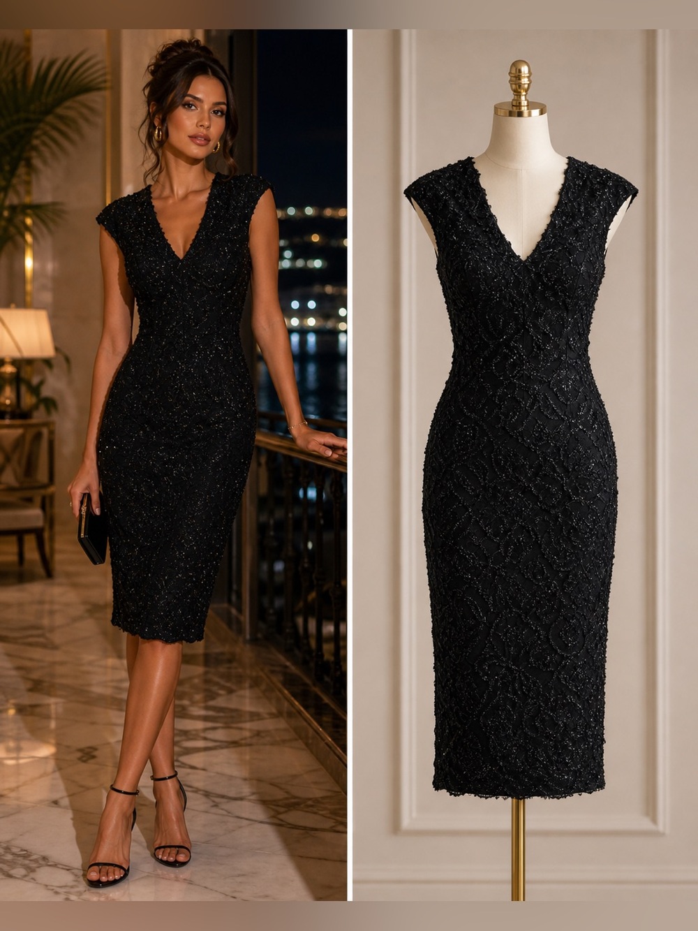 Ronni Nicole Black Beaded V-Neck Midi Dress
